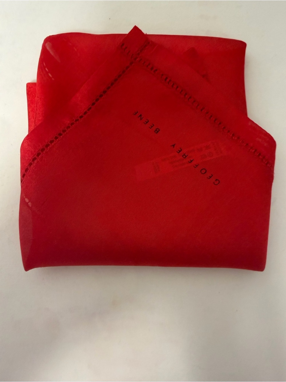VTG  Geoffrey Beene Red Silk Scarf Handkerchief. Made in France Openwork Trim